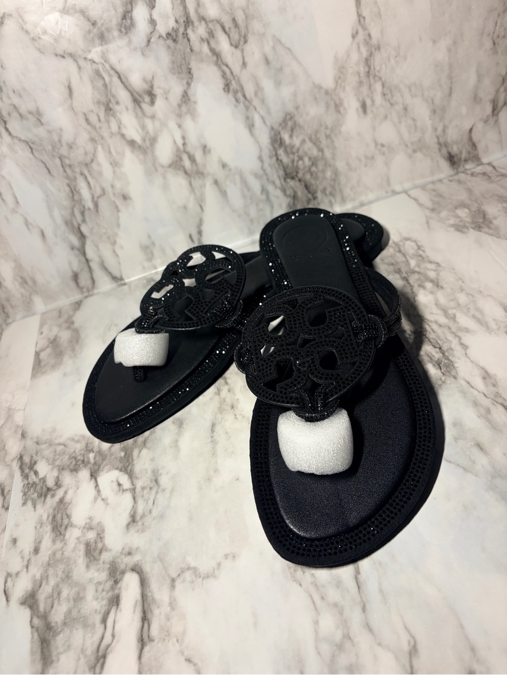 Women's Black Decorative Cutout Toe-Post Sandals ( idk the brand)